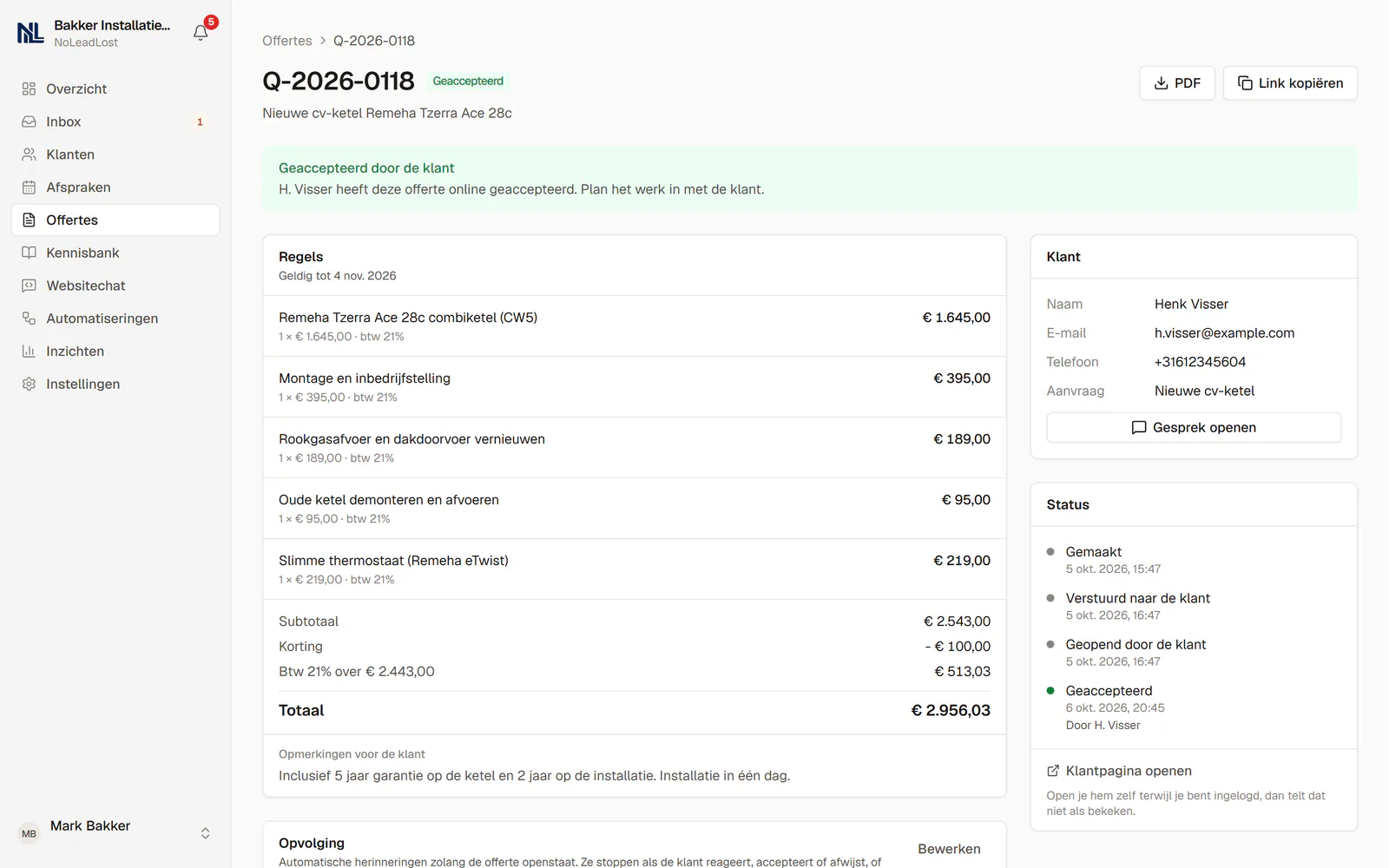An accepted quote for a new boiler with its lines, totals and the status history.